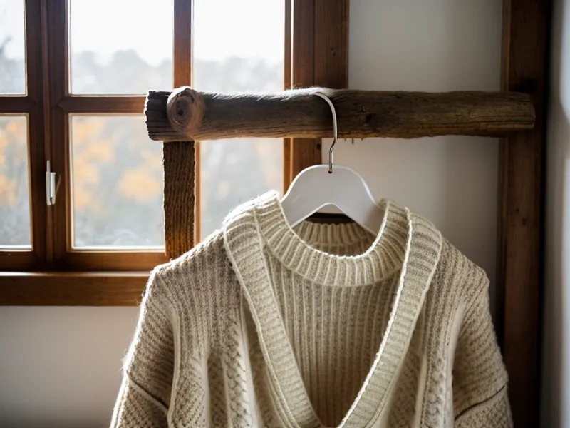 Gros plan sur un pull en laine propre suspendu dans une entrée lumineuse.