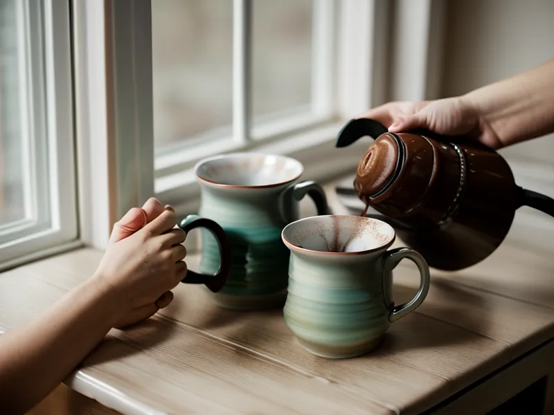Deux mains trinquant avec des tasses de café à côté d'un calendrier de progrès.