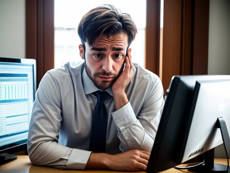 Homme stressé devant ses écrans d'ordinateur au travail.