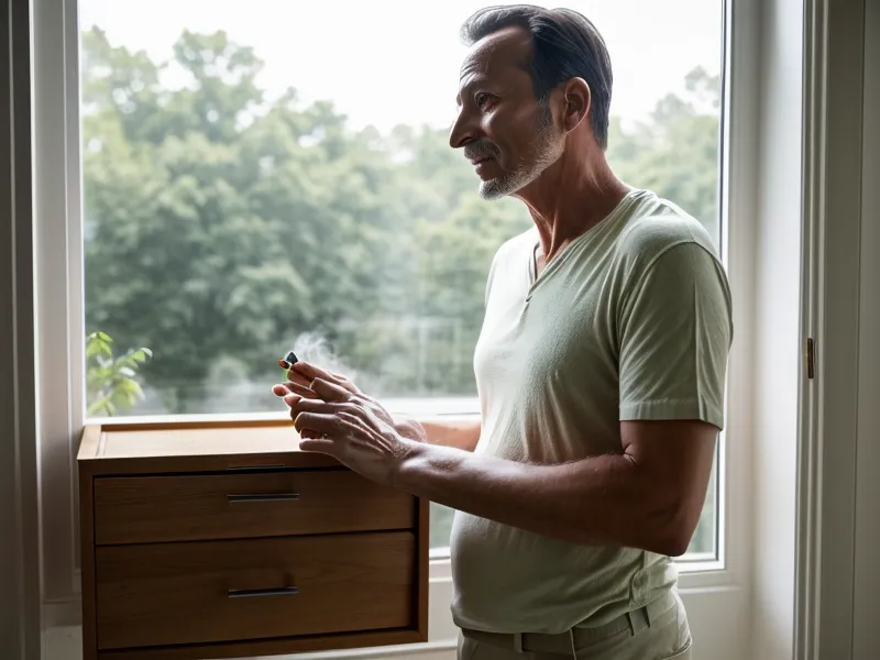 Mains d'un homme tenant une tasse de café sans cigarette, astuce pour arrêter de fumer à la maison