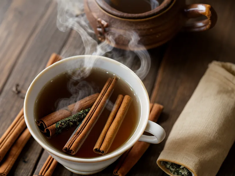 Une tasse de thé à la cannelle et un verre d'eau sur un comptoir.