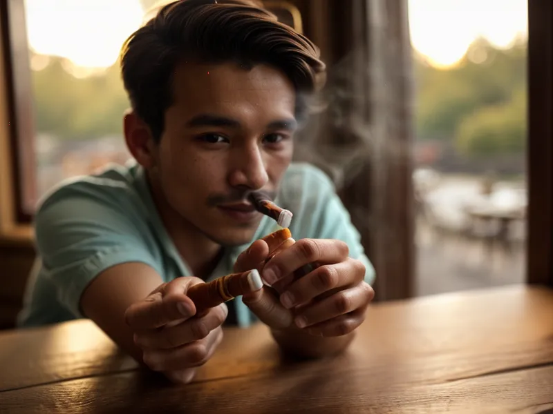 Un homme tenant une gomme à la nicotine à côté d'un café.