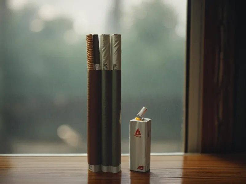 Un paquet de cigarettes sur une table en bois près d'une fenêtre pluvieuse.