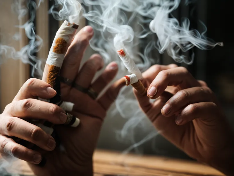 Gros plan d'un homme qui casse une cigarette, image illustrant une méthode pour arrêter de fumer.