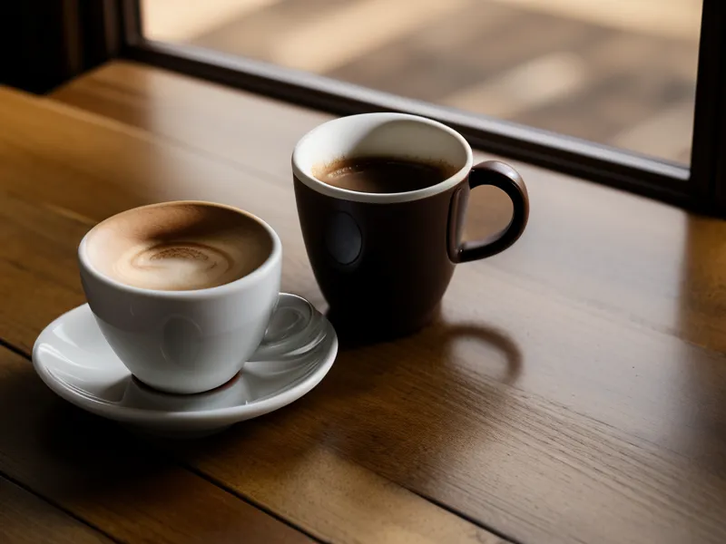 Une tasse d'expresso posée sur une table en bois baignée de lumière matinale