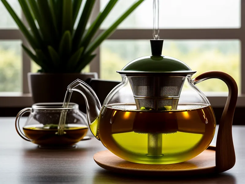 Un infuseur à thé avec des feuilles vertes dans un mug en verre