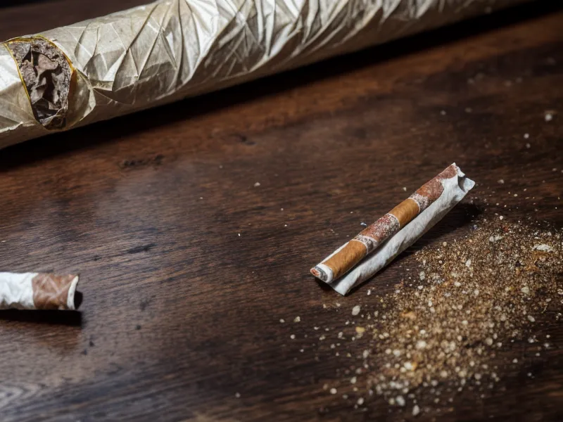 Tabac à rouler et feuilles éparpillées sur une table en bois