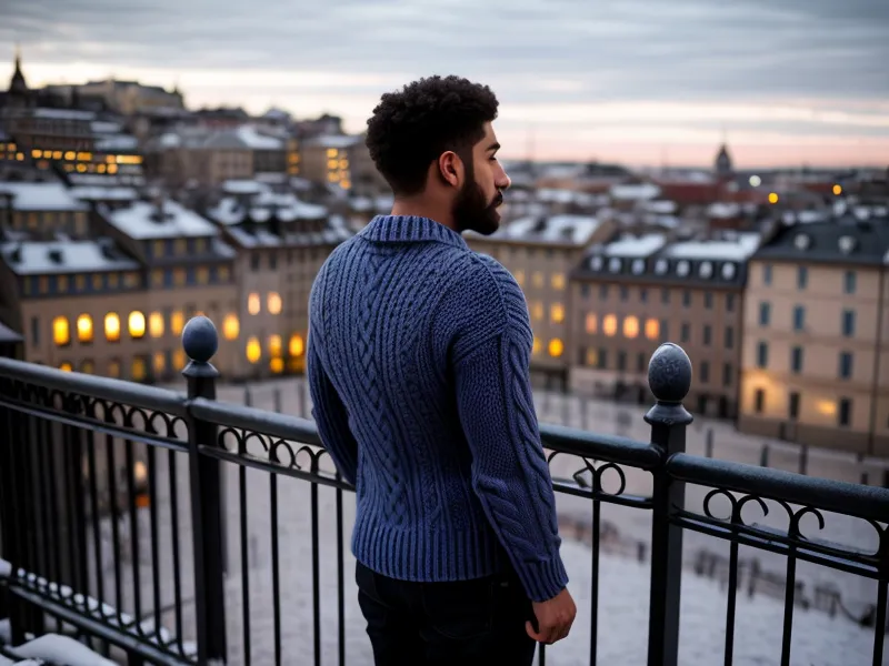 Homme de dos regardant la ville depuis son balcon un soir d'hiver.