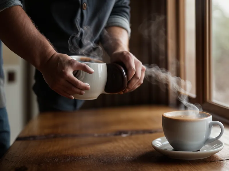 Mains tenant une tasse de café chaud pendant un repas