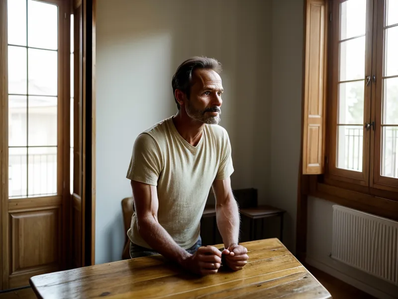 Un homme suivant son coaching tabac en ligne devant son ordinateur, dans un environnement sans tabac