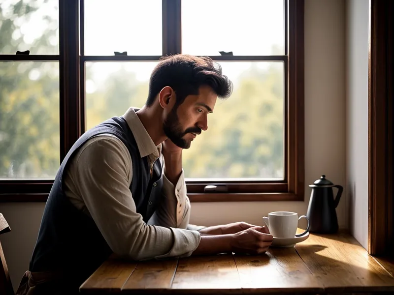 Un homme consulte son application de coaching pour arrêter de fumer pendant son café.