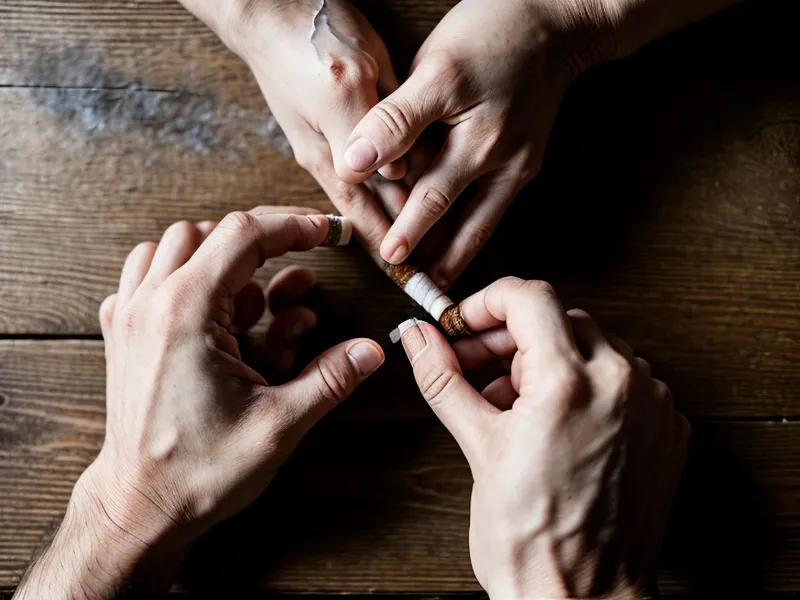 Gros plan de mains brisant une cigarette pour illustrer la décision d'arrêter.