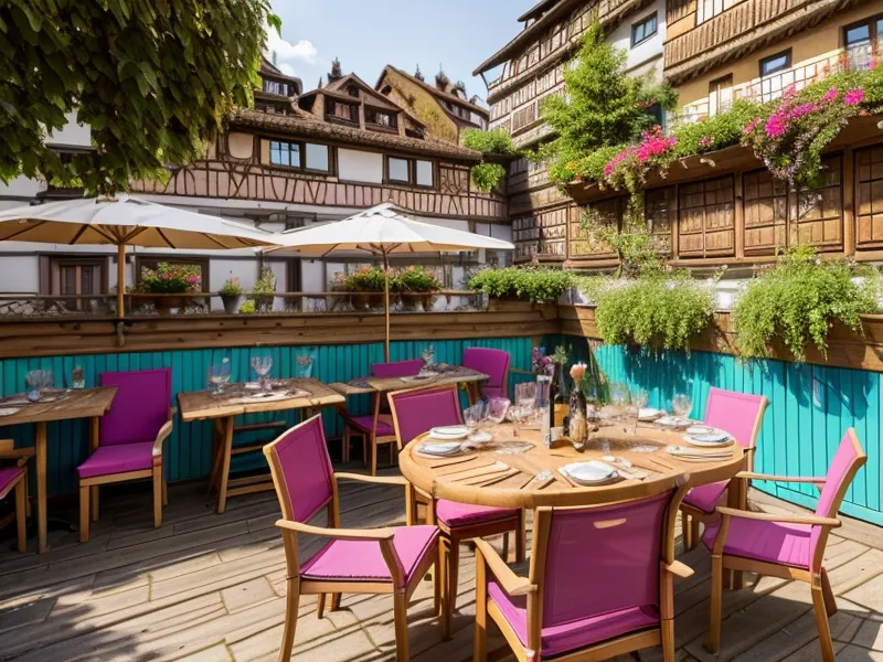 Terrasse animée à la Petite France à Strasbourg durant une soirée d'été
